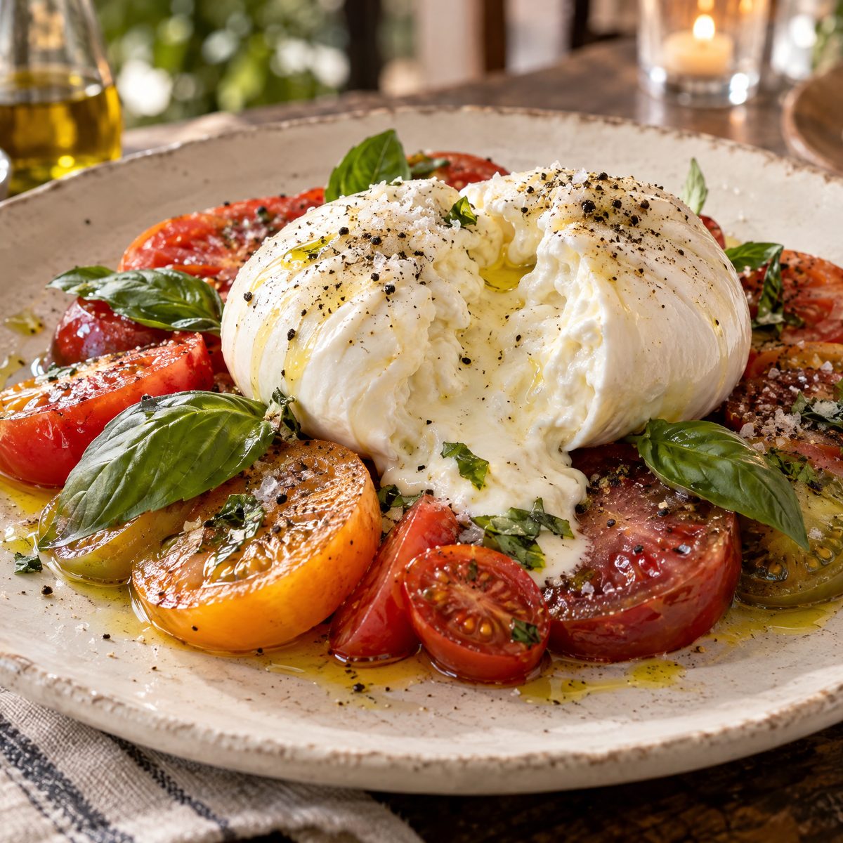 Torn burrata on sliced red, orange and green heirloom tomatoes with basil and olive oil