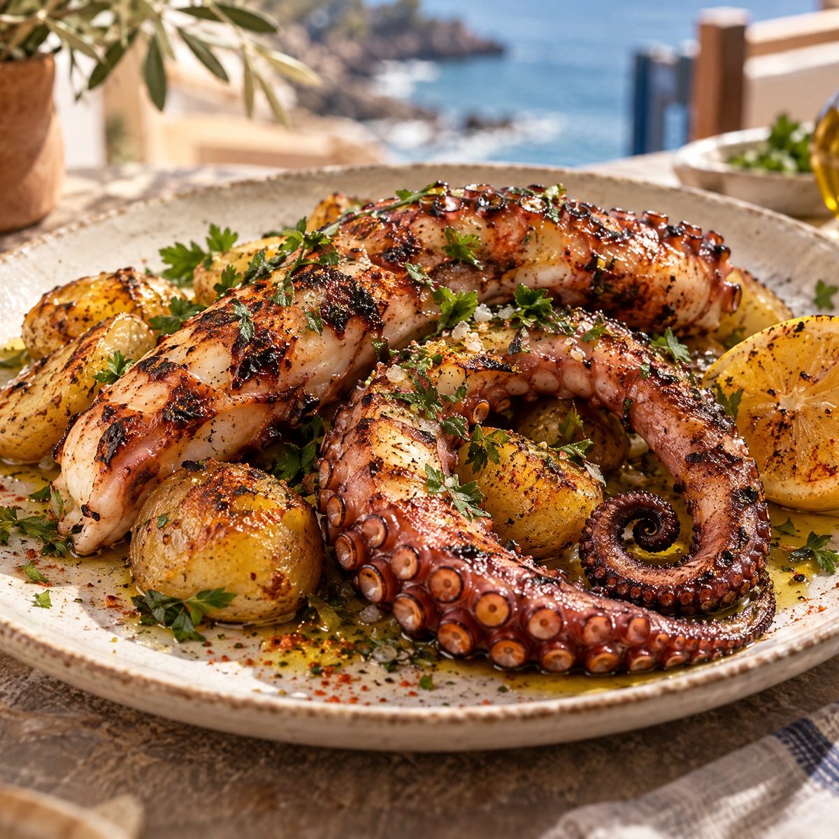 Charred octopus with crushed potatoes