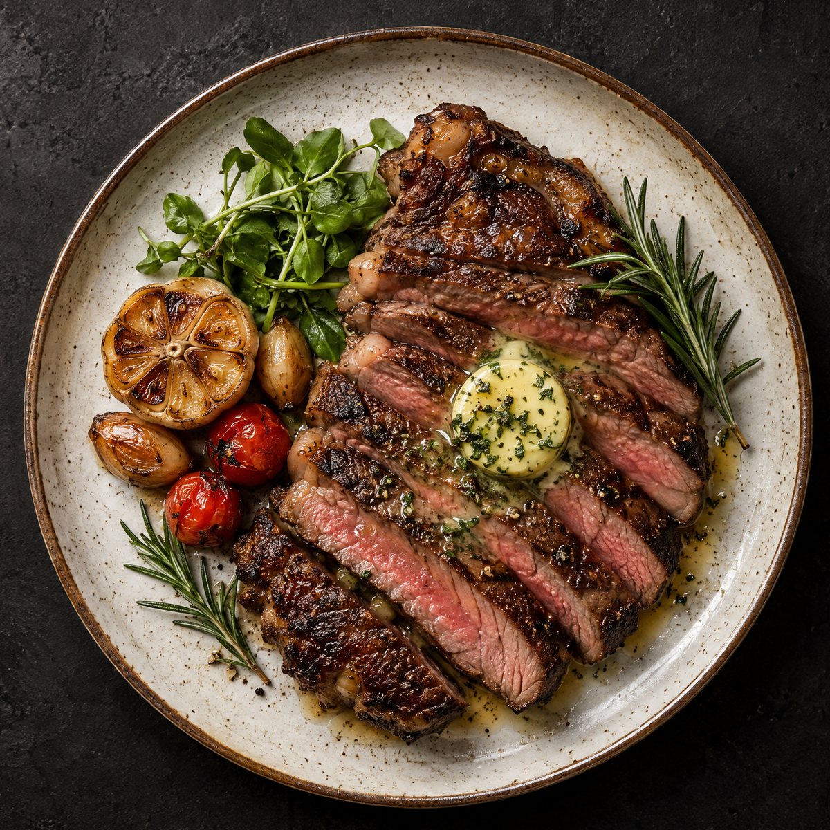 Sliced charred steak with a pink centre, melting herb butter, roasted garlic, tomatoes and watercress on a speckled plate, seen from above
