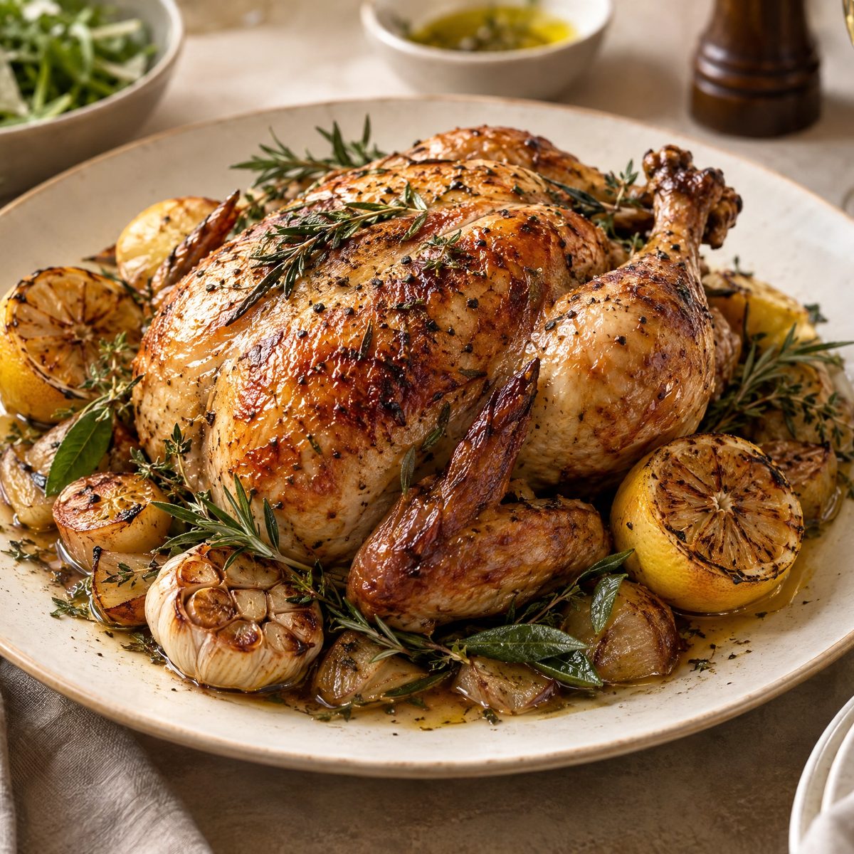 A golden whole roast chicken with charred lemon halves, roasted garlic and herbs on a cream platter