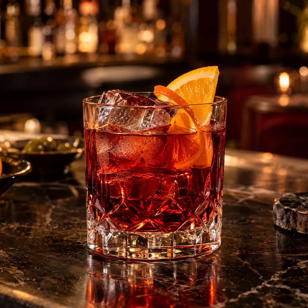 A negroni with an orange slice