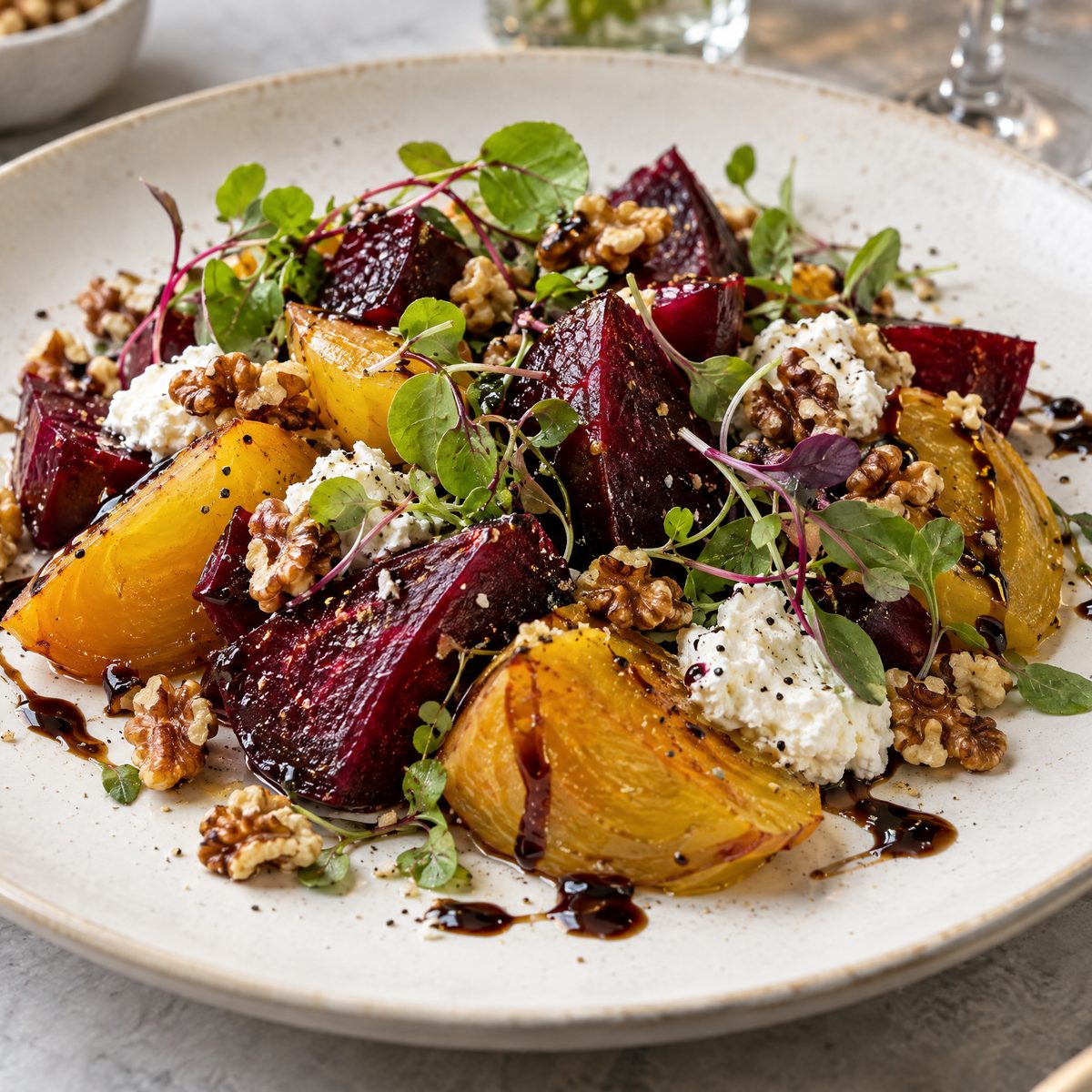Roasted red and golden beetroot with goat's cheese, walnuts, micro herbs and a balsamic drizzle