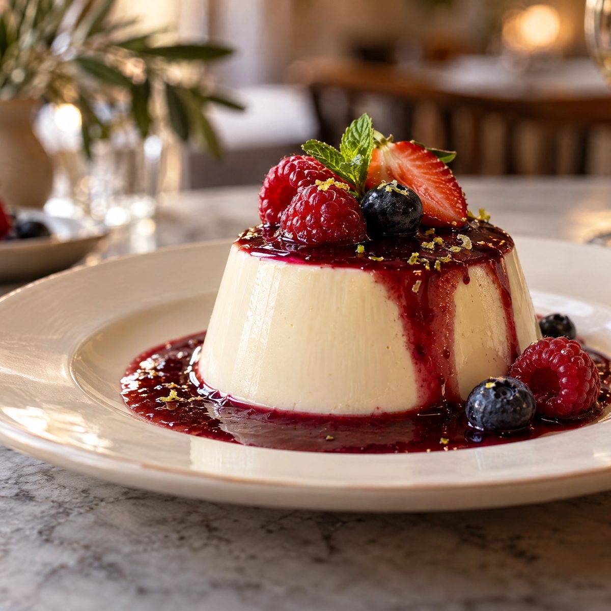 A turned-out vanilla panna cotta with dark berry compote, raspberries, blueberries and mint