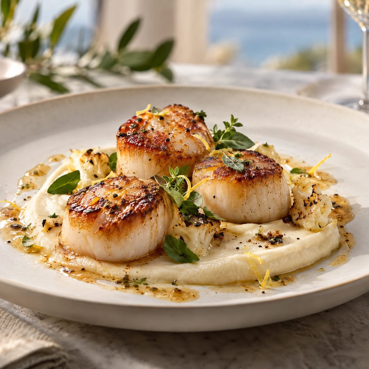 Seared scallops on cauliflower purée