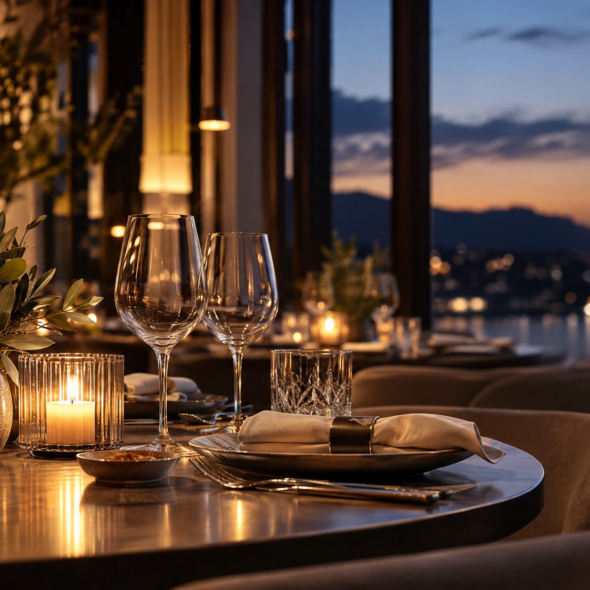 Candlelit table and wine glasses by the window at dusk